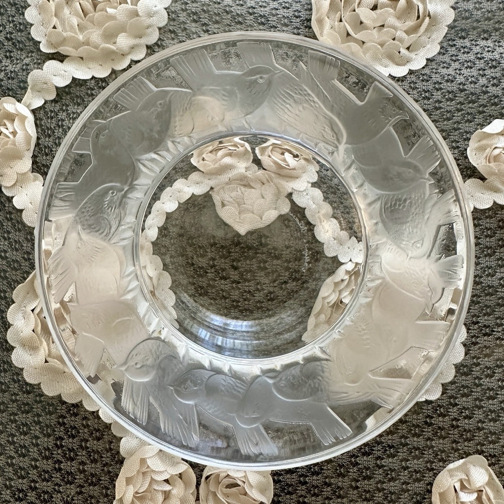 VTG Lalique Irene Trinket Dish 3.6 Inch Sparrows Frosted French Crystal Signed